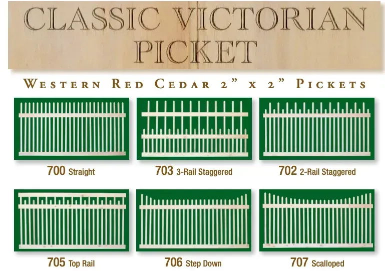 Various Western Red Cedar picket fence styles, including straight, staggered, and scalloped designs.