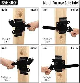 Diagram demonstrating how a black multi-purpose gate latch works with swing-in and swing-out gates.