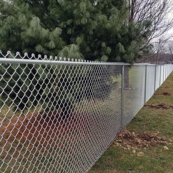 Chain-link fence with barbed top, bordering a grassy area and trees under a cloudy sky.
