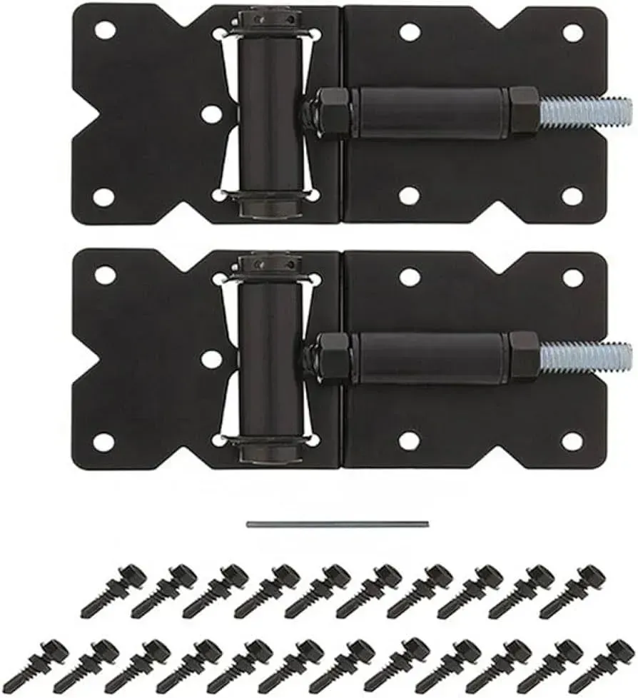 Two black adjustable gate hinges with mounting screws.