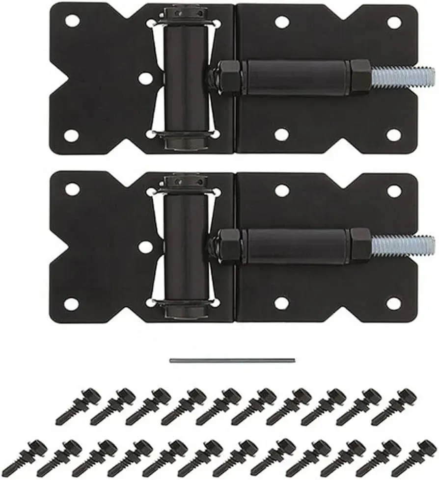 Black gate hinges with mounting screws and an Allen wrench.